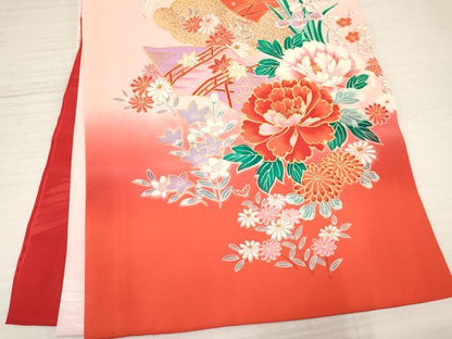 平和屋着物[]お宮参り　女の子　祝着　産着　初着　のしめ　糸車　檜扇飛鶴花文　暈し染め　金銀彩　逸品　DABA3771ma