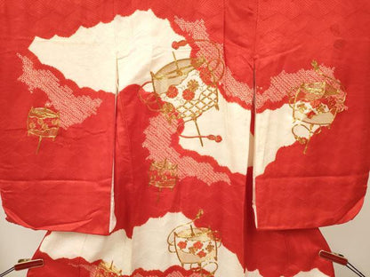 平和屋着物[]お宮参り　女の子　祝着　産着　初着　のしめ　駒刺繍　絞り　糸車花文　逸品　DABA3770ma
