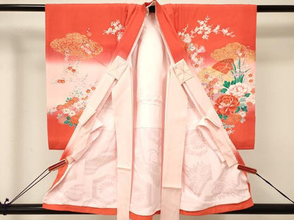 平和屋着物[]お宮参り　女の子　祝着　産着　初着　のしめ　糸車　檜扇飛鶴花文　暈し染め　金銀彩　逸品　DABA3771ma