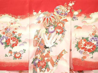 平和屋着物[]お宮参り　女の子　祝着　産着　初着　のしめ　飛鶴鞠花文　暈し染め　金彩　逸品　DABA3786ma