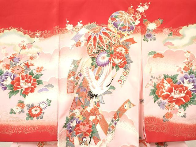 平和屋着物[]お宮参り　女の子　祝着　産着　初着　のしめ　飛鶴鞠花文　暈し染め　金彩　逸品　DABA3786ma