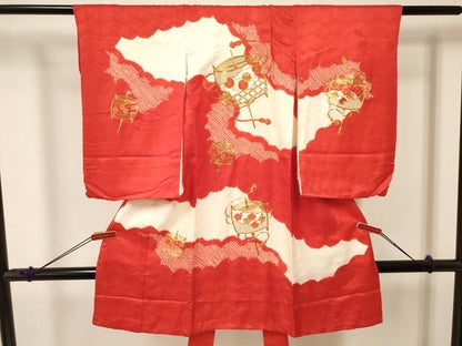 平和屋着物[]お宮参り　女の子　祝着　産着　初着　のしめ　駒刺繍　絞り　糸車花文　逸品　DABA3770ma