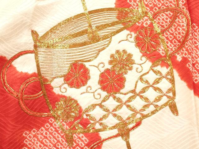 平和屋着物[]お宮参り　女の子　祝着　産着　初着　のしめ　駒刺繍　絞り　糸車花文　逸品　DABA3770ma