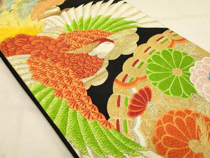 平和屋着物◎六通柄袋帯 唐織 鳳凰花文 黒地 金糸 正絹 逸品 DABA2498ya