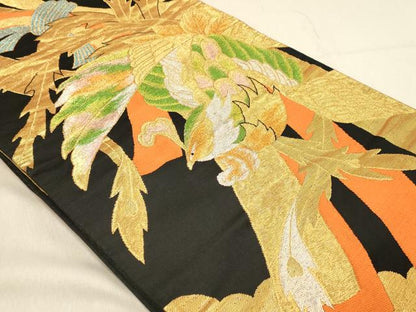 平和屋着物◎六通柄袋帯　唐織　鳳凰文　黒地　金銀糸　正絹　逸品　DABA2496ya