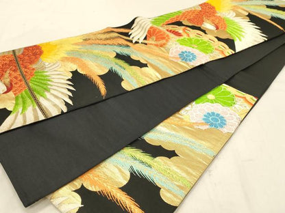 平和屋着物◎六通柄袋帯 唐織 鳳凰花文 黒地 金糸 正絹 逸品 DABA2498ya