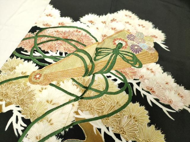 平和屋着物■豪華黒留袖　駒刺繍　扇面花松文　金彩　正絹　逸品　DABB8570cd