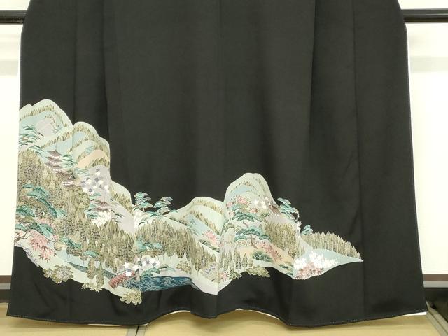 平和屋着物■豪華黒留袖　渡橋風景花文　暈し染め　金彩　正絹　逸品　DABB8576cd