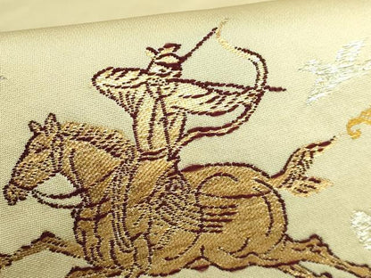 平和屋本店●極上 龍村美術織物 たつむら 九寸開き名古屋帯 木画狩猟錦 金銀糸 蒸栗色地 逸品 DZAB3936kh6