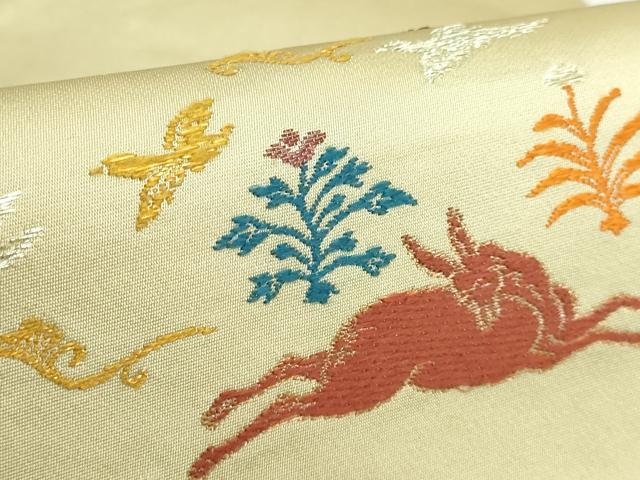 平和屋本店●極上 龍村美術織物 たつむら 九寸開き名古屋帯 木画狩猟錦 金銀糸 蒸栗色地 逸品 DZAB3936kh6