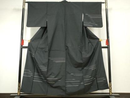 平和屋着物●訪問着 紬地 横段文 黒地 正絹 逸品 AABF2951cs