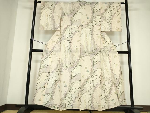 平和屋着物＊夏物 小紋 絽 立波花文 銀彩 正絹 逸品 DABA4459az