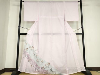 平和屋着物＊夏物 色留訪問着 絽 麻の葉花文 洗える着物 DABA4481az