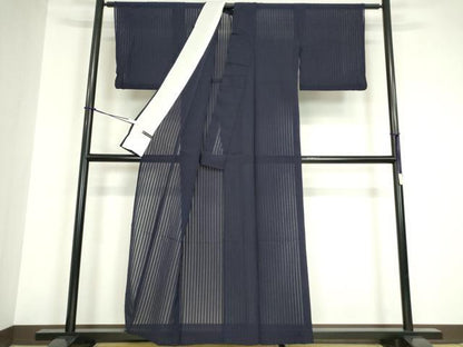 平和屋着物＊夏物 小紋 紗 縞 鉄紺色 松坂屋扱い 洗える着物 DABA4524az