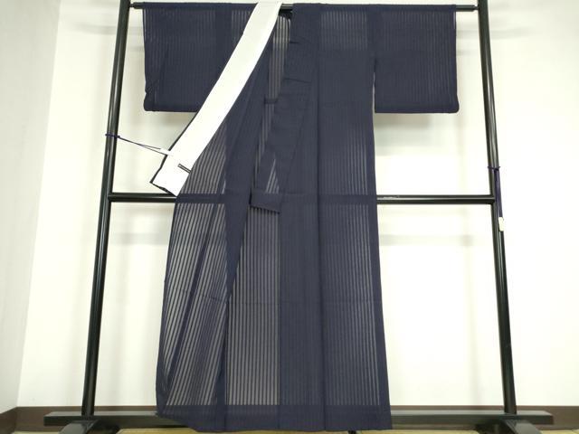 平和屋着物＊夏物 小紋 紗 縞 鉄紺色 松坂屋扱い 洗える着物 DABA4524az