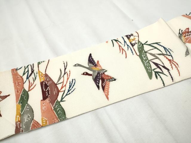 平和屋着物●九寸名古屋帯 型染め 遠山飛鳥文 鬼しぼ縮緬 正絹 逸品 CABB9563hy