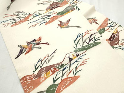 平和屋着物●九寸名古屋帯 型染め 遠山飛鳥文 鬼しぼ縮緬 正絹 逸品 CABB9563hy