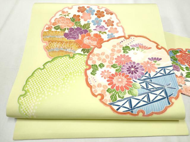平和屋着物●塩瀬　九寸名古屋帯　友禅　作家物　雪輪花文　正絹　逸品　CABB9578hy