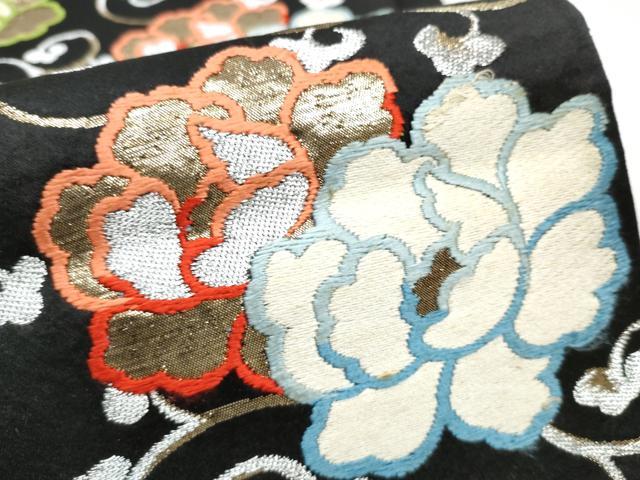 平和屋着物●六通柄袋帯 唐織 牡丹唐草文 黒地 金銀糸 正絹 逸品 CABB9557hy