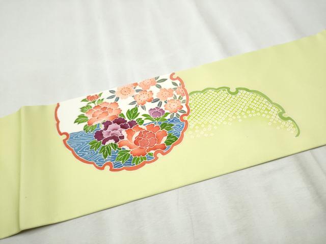 平和屋着物●塩瀬　九寸名古屋帯　友禅　作家物　雪輪花文　正絹　逸品　CABB9578hy
