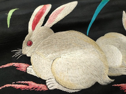 平和屋本店●極上　アンティーク　大正ロマン　九寸名古屋帯　如源　金陵　総手刺繍　兎　黒地　正絹　逸品　KAAA0824kk4