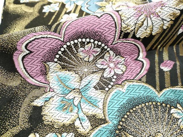 平和屋着物●六通柄袋帯 唐織 舞桜文 黒地 金糸 やまと誂製 正絹 逸品 CABC5429hy