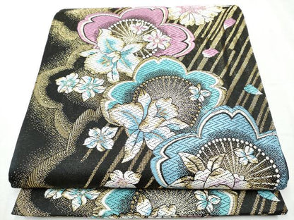 平和屋着物●六通柄袋帯 唐織 舞桜文 黒地 金糸 やまと誂製 正絹 逸品 CABC5429hy