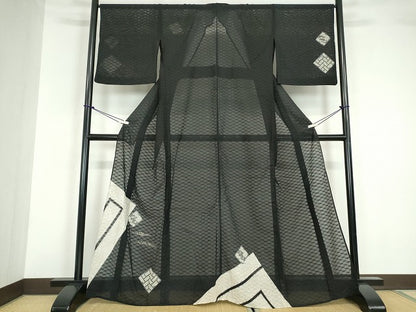 平和屋着物＊夏物 訪問着 紗 色紙重ね文 黒地 金銀彩 正絹 逸品 DABA4447az