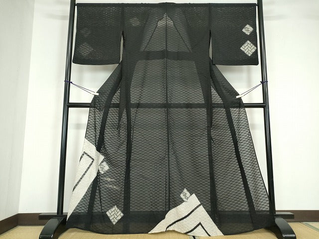 平和屋着物＊夏物 訪問着 紗 色紙重ね文 黒地 金銀彩 正絹 逸品 DABA4447az