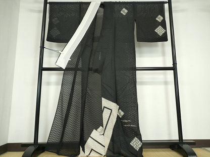 平和屋着物＊夏物 訪問着 紗 色紙重ね文 黒地 金銀彩 正絹 逸品 DABA4447az