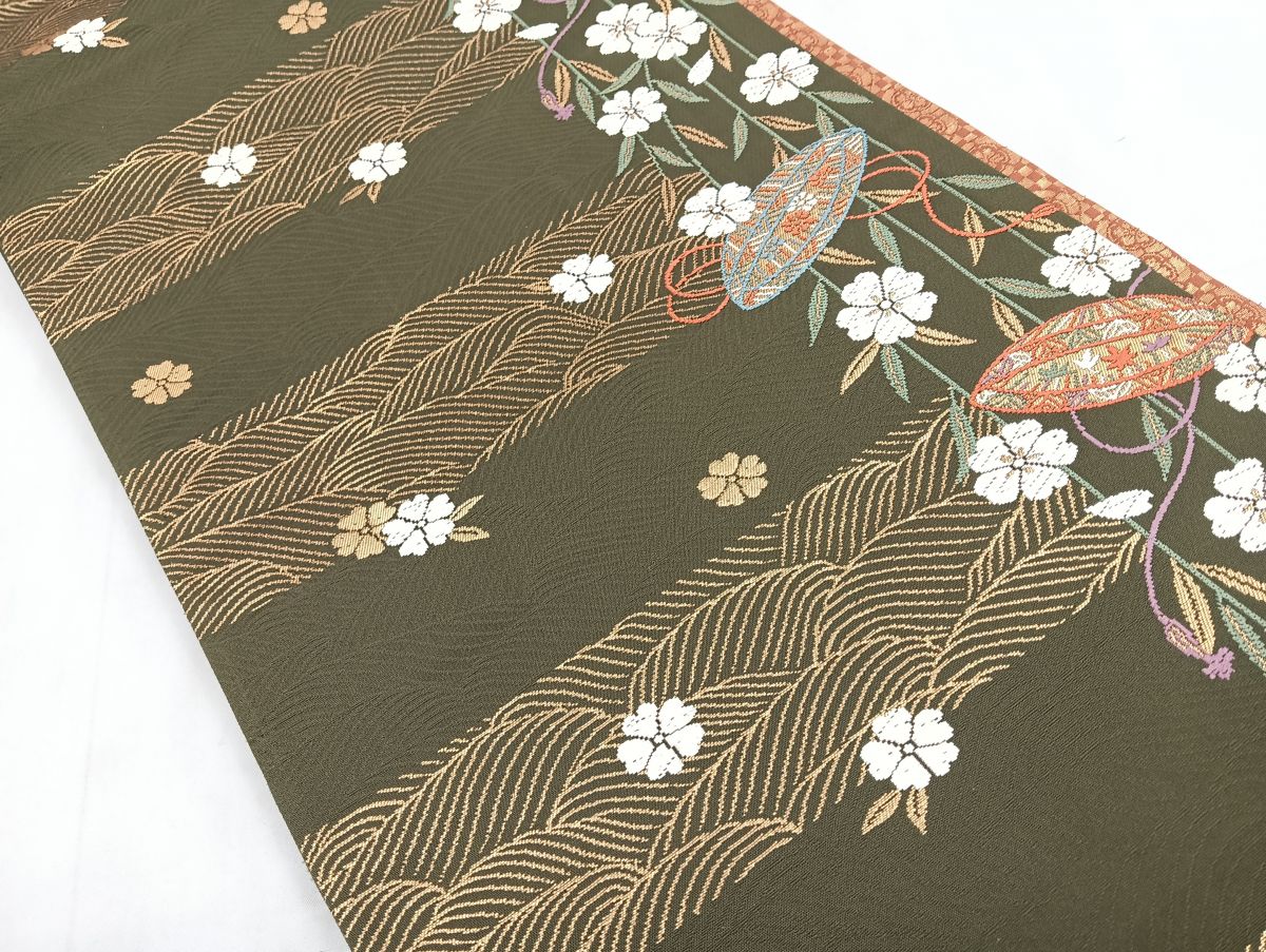 平和屋着物◎六通柄袋帯　唐織　横段花文　金糸　正絹　逸品　CABC1783nb