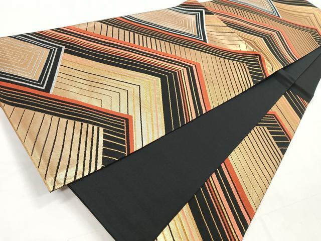 平和屋着物◎六通柄袋帯幾何学文様 黒地 金銀糸 正絹 逸品 CABC1792nb