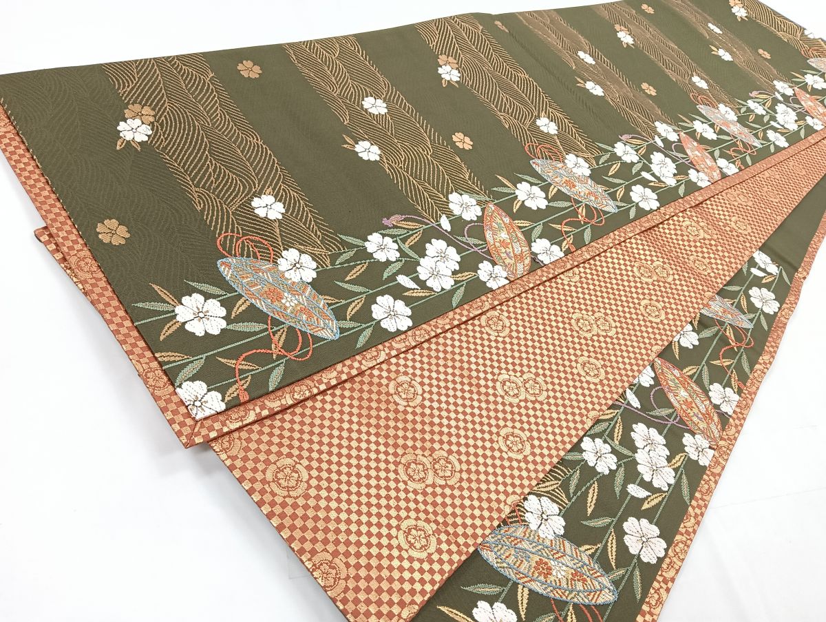 平和屋着物◎六通柄袋帯　唐織　横段花文　金糸　正絹　逸品　CABC1783nb