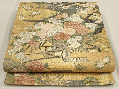 平和屋着物▼六通柄袋帯　松竹梅　花車文　金糸　正絹　逸品　AABE9864wj