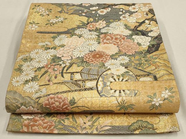 平和屋着物▼六通柄袋帯　松竹梅　花車文　金糸　正絹　逸品　AABE9864wj