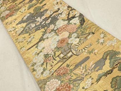 平和屋着物▼六通柄袋帯　松竹梅　花車文　金糸　正絹　逸品　AABE9864wj