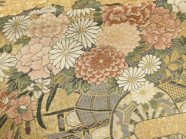 平和屋着物▼六通柄袋帯　松竹梅　花車文　金糸　正絹　逸品　AABE9864wj