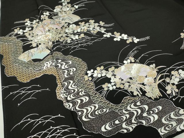 平和屋着物●金彩友禅 卓越技能者・名工・和田光正 黒留袖 地紙花文 金銀彩 京都きもの友禅扱い 正絹 逸品 DABA4568az