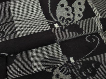 平和屋着物●久留米絣　単衣　綿　舞蝶文　黒地　逸品　DABA4575az