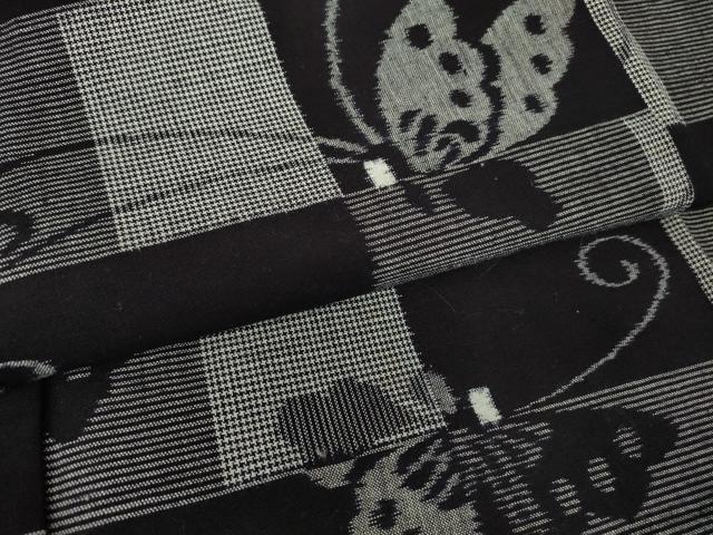 平和屋着物●久留米絣　単衣　綿　舞蝶文　黒地　逸品　DABA4575az