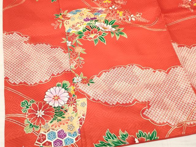 平和屋着物[]七五三　女の子　３歳　祝着　三つ身　長襦袢(袷・半衿刺繍)セット　扇面糸車花文　金彩　逸品　DABA3825ma