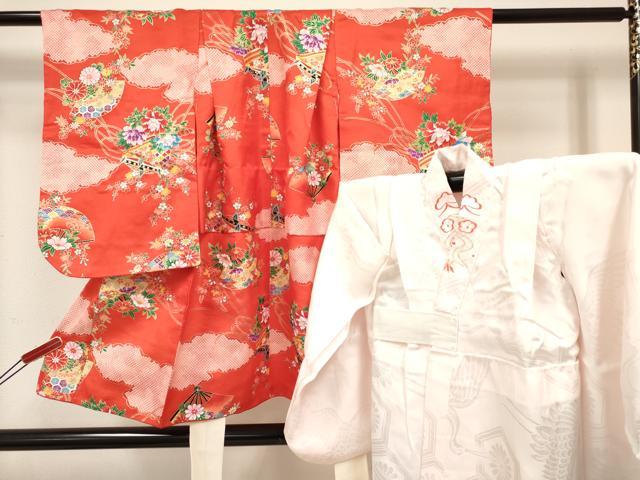 平和屋着物[]七五三　女の子　３歳　祝着　三つ身　長襦袢(袷・半衿刺繍)セット　扇面糸車花文　金彩　逸品　DABA3825ma