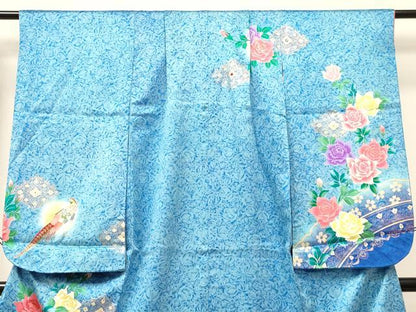 平和屋着物[]七五三　女の子　７歳　祝着　四つ身　襦袢セット　刺繍　尾長鳥花文　暈し染め　金銀彩　ラインストーン　逸品　DABA3812ma