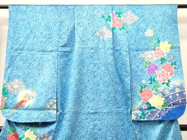 平和屋着物[]七五三　女の子　７歳　祝着　四つ身　襦袢セット　刺繍　尾長鳥花文　暈し染め　金銀彩　ラインストーン　逸品　DABA3812ma