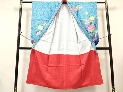 平和屋着物[]七五三　女の子　７歳　祝着　四つ身　襦袢セット　刺繍　尾長鳥花文　暈し染め　金銀彩　ラインストーン　逸品　DABA3812ma