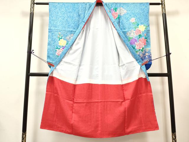 平和屋着物[]七五三　女の子　７歳　祝着　四つ身　襦袢セット　刺繍　尾長鳥花文　暈し染め　金銀彩　ラインストーン　逸品　DABA3812ma