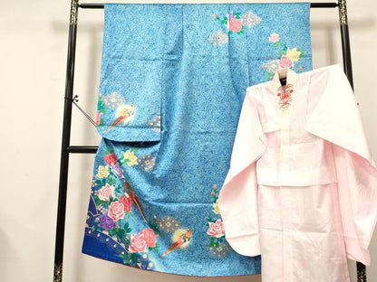 平和屋着物[]七五三　女の子　７歳　祝着　四つ身　襦袢セット　刺繍　尾長鳥花文　暈し染め　金銀彩　ラインストーン　逸品　DABA3812ma