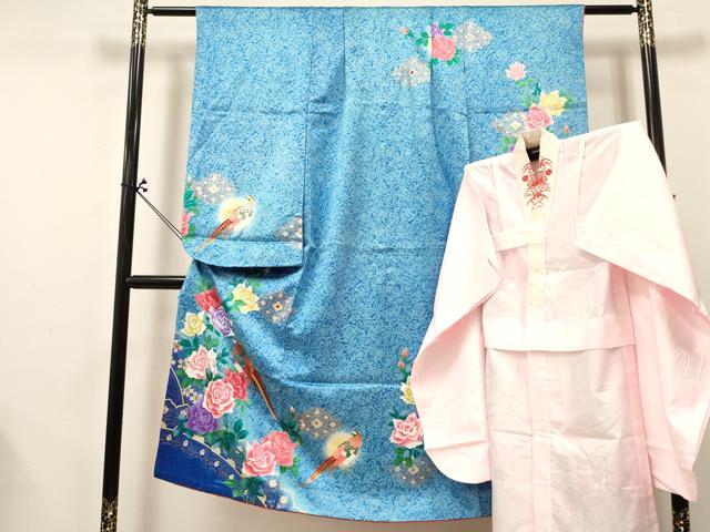 平和屋着物[]七五三　女の子　７歳　祝着　四つ身　襦袢セット　刺繍　尾長鳥花文　暈し染め　金銀彩　ラインストーン　逸品　DABA3812ma