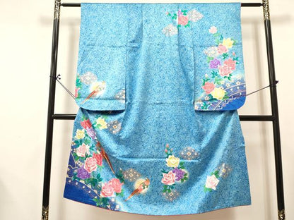 平和屋着物[]七五三　女の子　７歳　祝着　四つ身　襦袢セット　刺繍　尾長鳥花文　暈し染め　金銀彩　ラインストーン　逸品　DABA3812ma