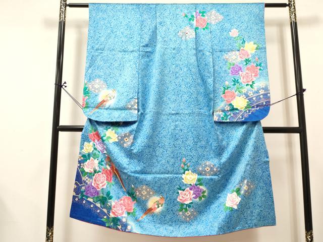 平和屋着物[]七五三　女の子　７歳　祝着　四つ身　襦袢セット　刺繍　尾長鳥花文　暈し染め　金銀彩　ラインストーン　逸品　DABA3812ma